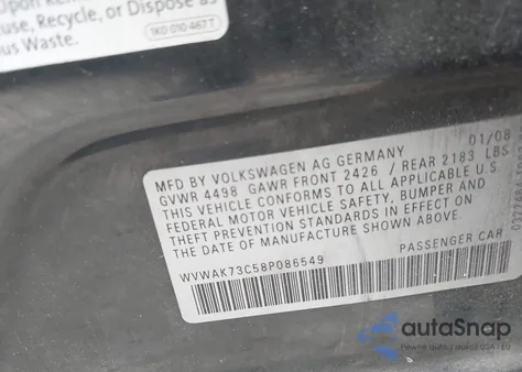 2008 Volkswagen Passat Komfort from USA, damaged, VIN WVWAK73C58P086549